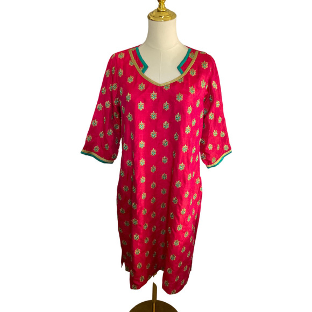 Pink Silk Blend Embroidered Kurta Tunic Teal Gold Floral Notched‎ V-Neck Festive